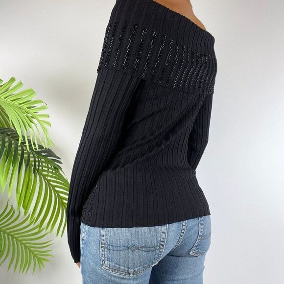 Women's Vintage 90s Black Beaded Classy Off The Shoulder Knit Sweater Top / M - Picture 2 of 8